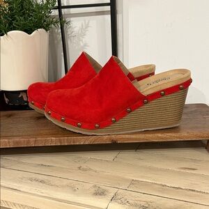 Vibrant Red Suede Wedge Mules